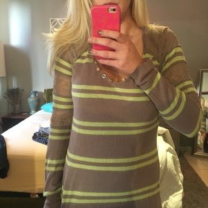 Free People Striped Top with Lace and Thermal